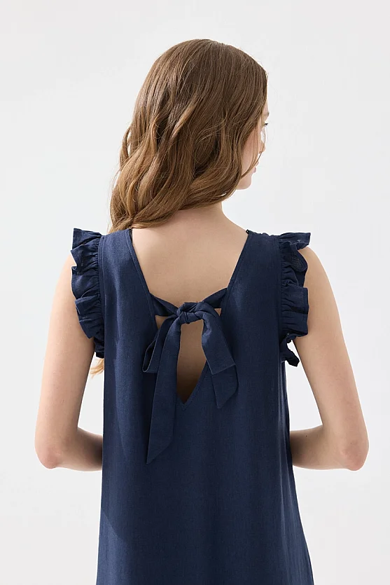 Arkası Bağcıklı Volanlı Keten Elbise - Lacivert - Gusto