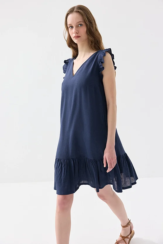 Arkası Bağcıklı Volanlı Keten Elbise - Lacivert - Gusto