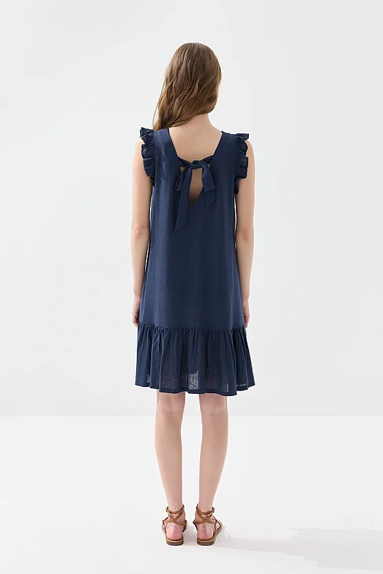 Arkası Bağcıklı Volanlı Keten Elbise - Lacivert - Gusto