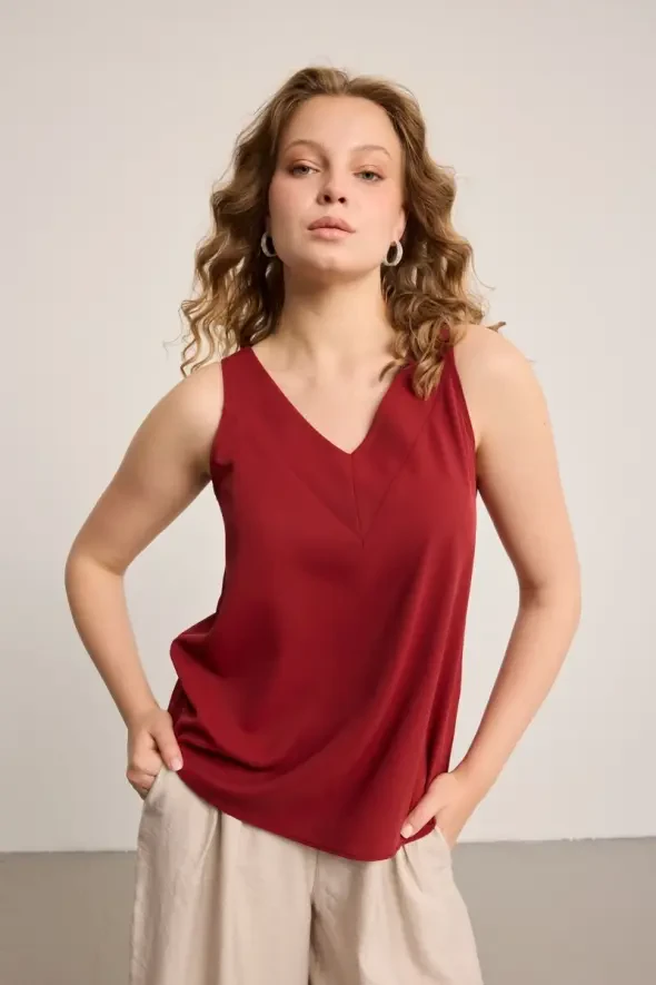 Arkası T İpli Atlet Bluz - Bordo - 4