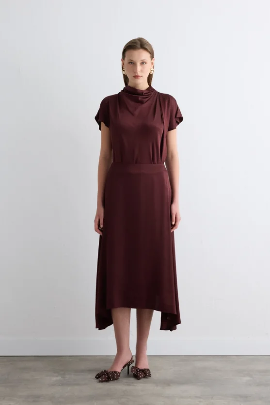 Asimetrik Kesim Saten Etek - Bordo - 2