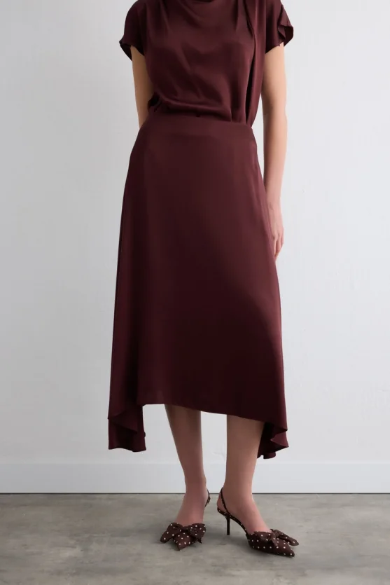 Asimetrik Kesim Saten Etek - Bordo - 4