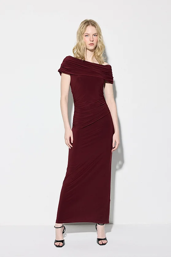 Asimetrik Omuzlu Uzun Likralı Abiye Elbise - Bordo - Gusto
