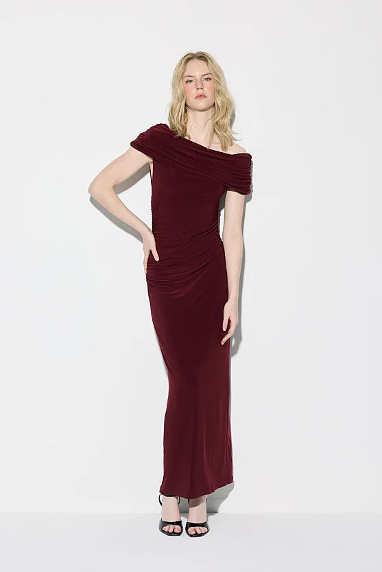 Asimetrik Omuzlu Uzun Likralı Abiye Elbise - Bordo - Gusto