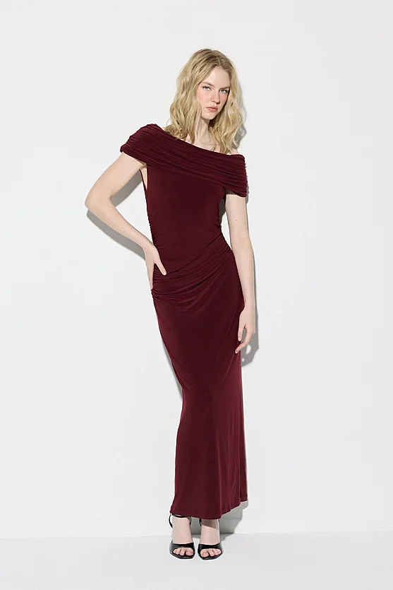 Asimetrik Omuzlu Uzun Likralı Abiye Elbise - Bordo - Gusto