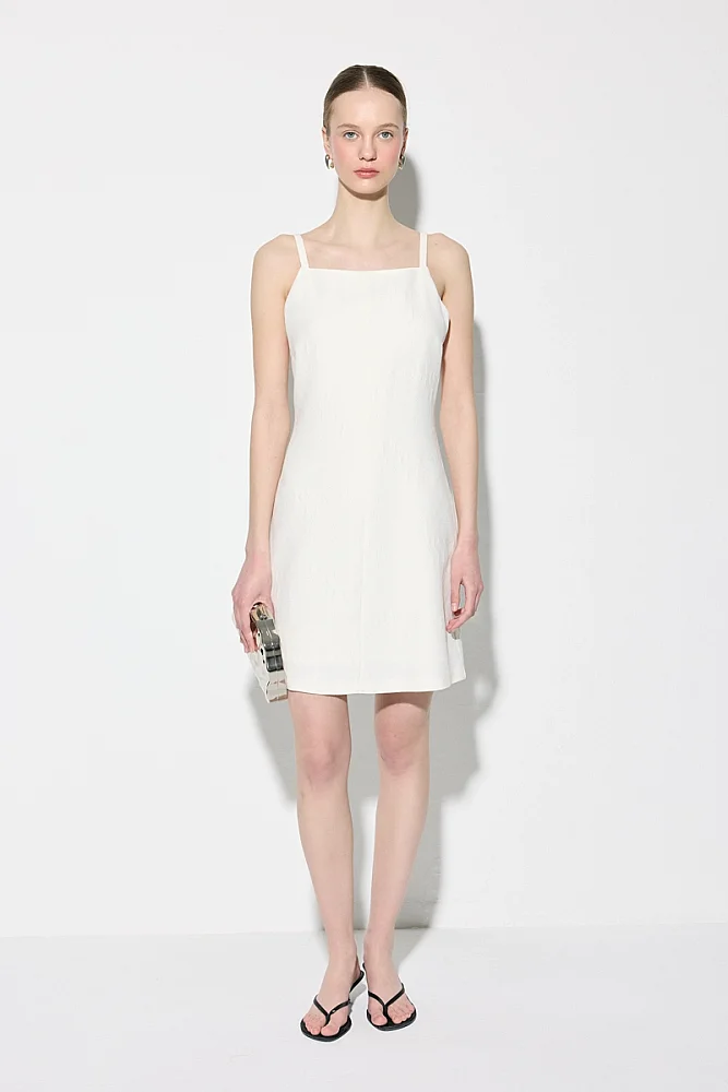 Askılı Jakar Mini Elbise - Ekru Ekru