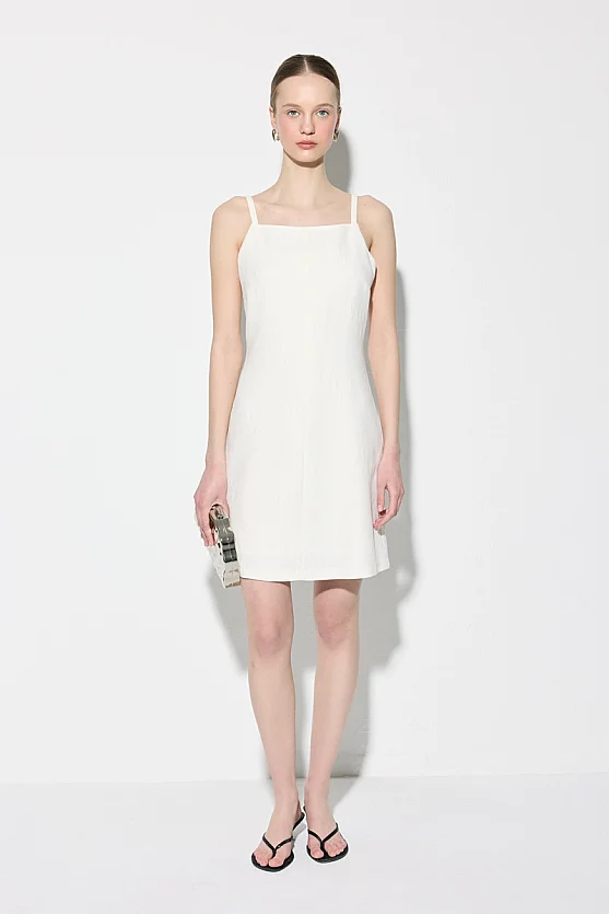 Askılı Jakar Mini Elbise - Ekru - 1