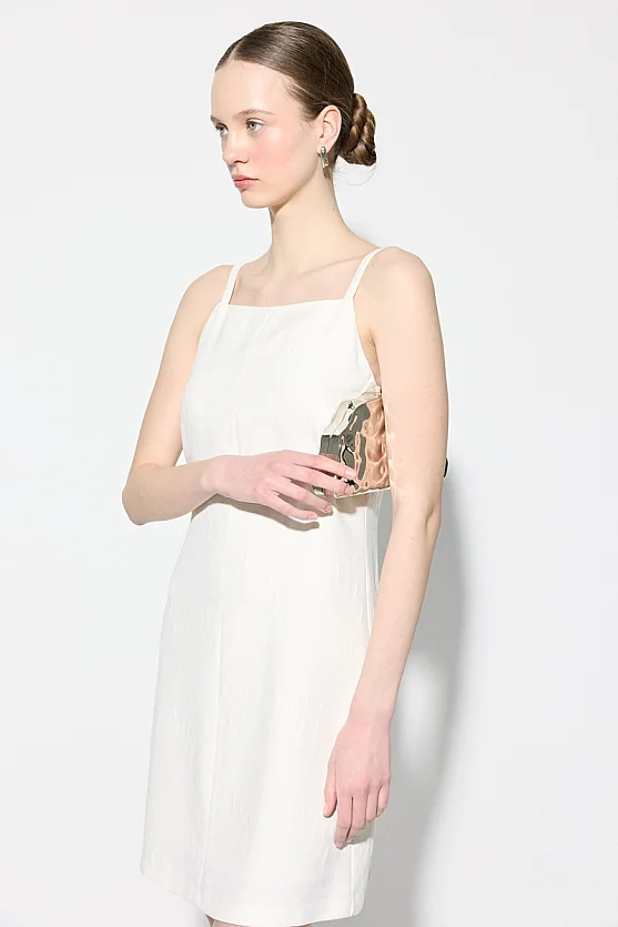 Askılı Jakar Mini Elbise - Ekru - 2