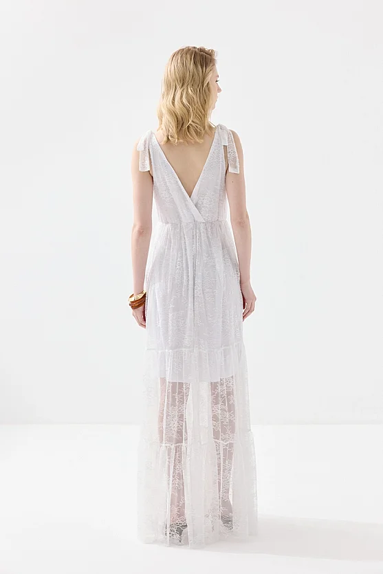 Askılı Maksi Dantel Abiye Elbise - Beyaz - Gusto