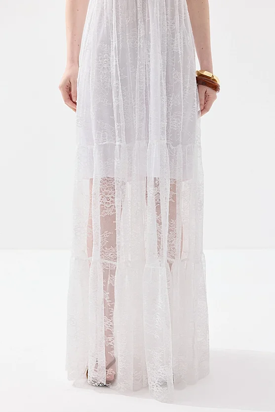 Askılı Maksi Dantel Abiye Elbise - Beyaz - Gusto