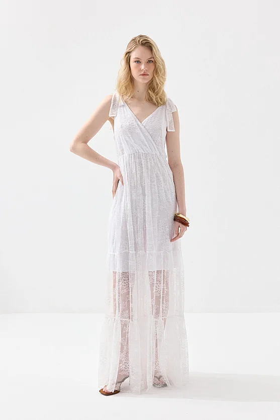 Askılı Maksi Dantel Abiye Elbise - Beyaz - Gusto