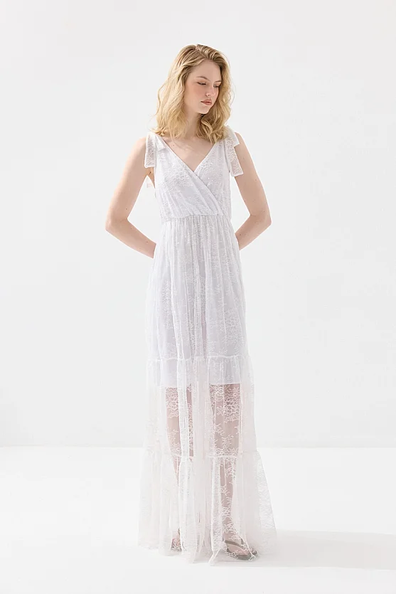 Askılı Maksi Dantel Abiye Elbise - Beyaz - Gusto