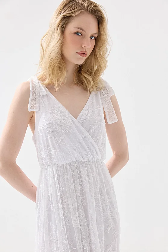 Askılı Maksi Dantel Abiye Elbise - Beyaz - Gusto
