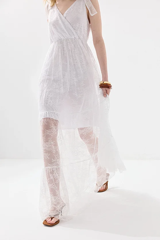 Askılı Maksi Dantel Abiye Elbise - Beyaz - Gusto