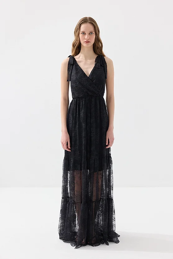 Askılı Maksi Dantel Abiye Elbise - Siyah - Gusto