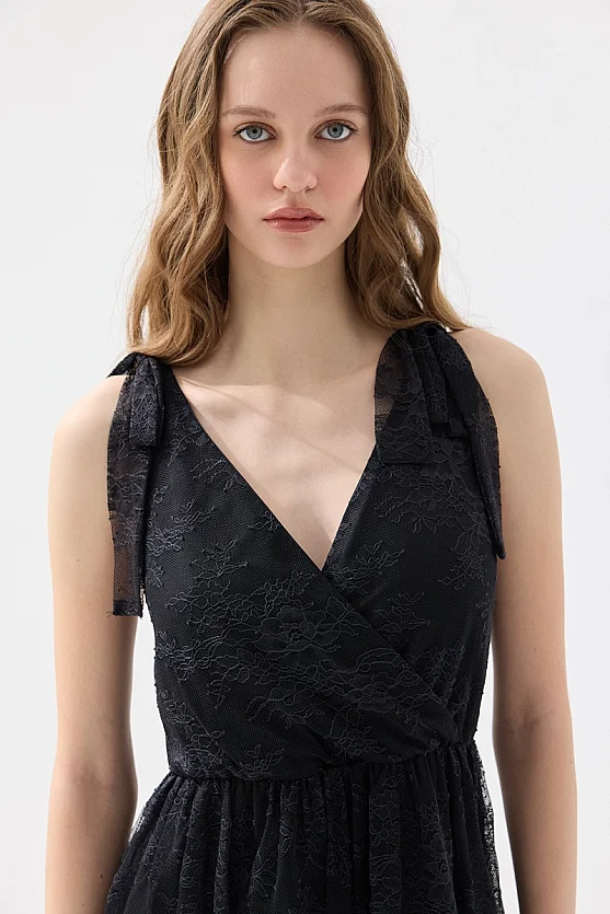 Askılı Maksi Dantel Abiye Elbise - Siyah - Gusto