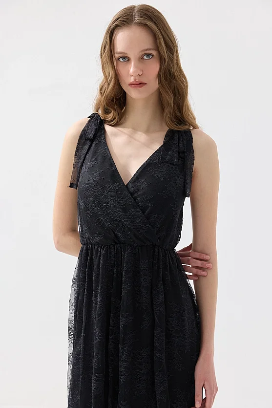 Askılı Maksi Dantel Abiye Elbise - Siyah - Gusto