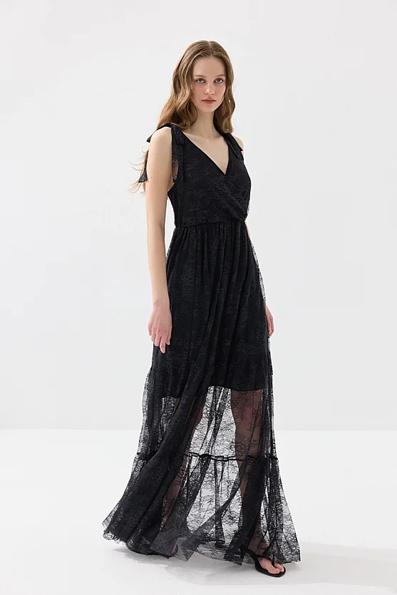 Askılı Maksi Dantel Abiye Elbise - Siyah - Gusto