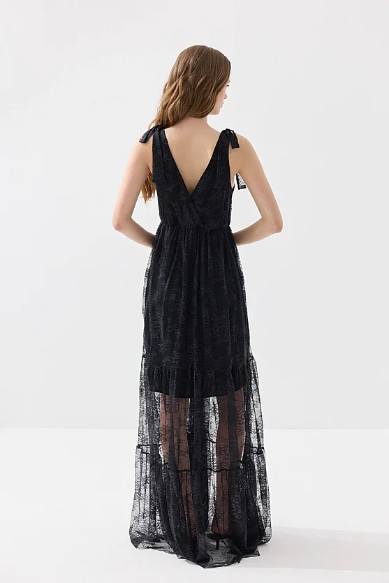 Askılı Maksi Dantel Abiye Elbise - Siyah - Gusto