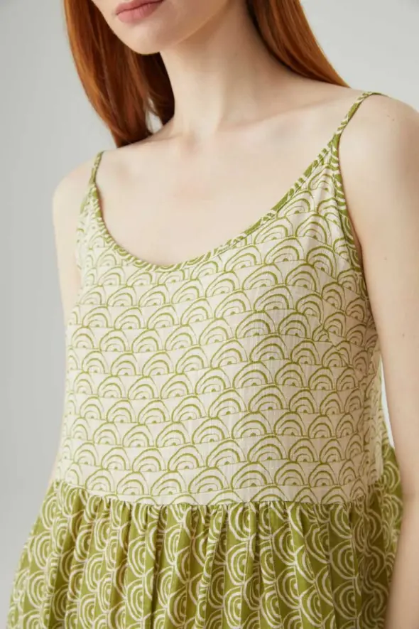 Askılı Uzun Çift Renkli Elbise - Yeşil - 4