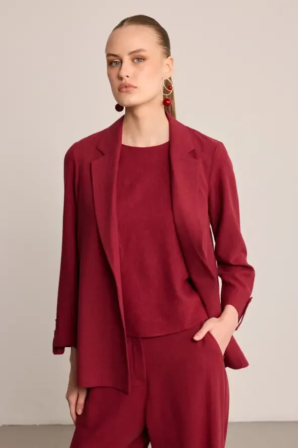 Astarsız Keten Ceket - Bordo - 1