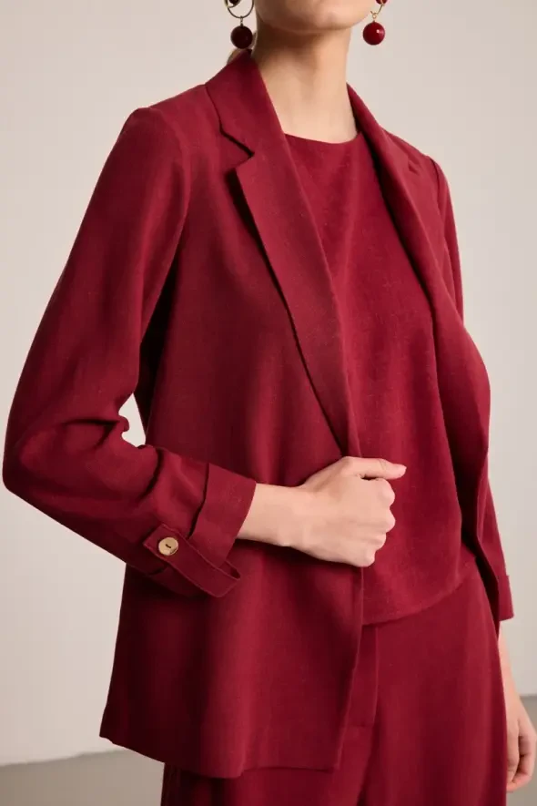 Astarsız Keten Ceket - Bordo - 4
