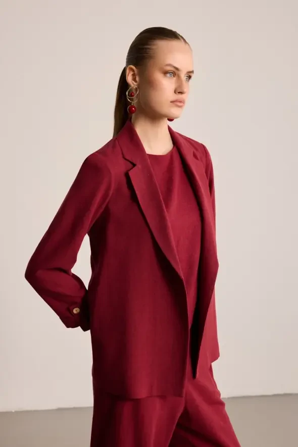 Astarsız Keten Ceket - Bordo - 5