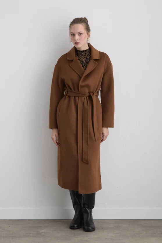 Astarsız Oversize Yün Manto - Kahverengi - 8
