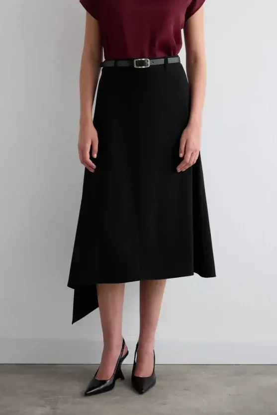 Asymmetric Belted Skirt - Black - Gusto