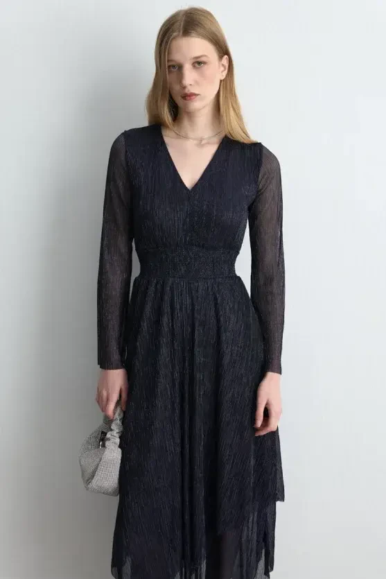 Asymmetric Cut V-Neck Shimmery Evening Dress - Navy Blue - Gusto