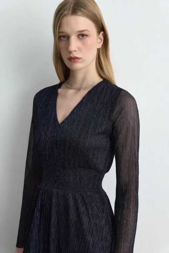 Asymmetric Cut V-Neck Shimmery Evening Dress - Navy Blue - Gusto