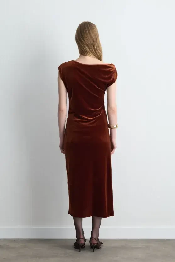 Asymmetric One-Shoulder Velvet Long Dress - Brick - 6