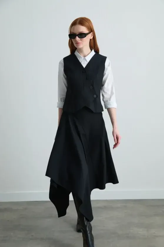 Asymmetrical Cut Wool Skirt - Navy Blue - Gusto