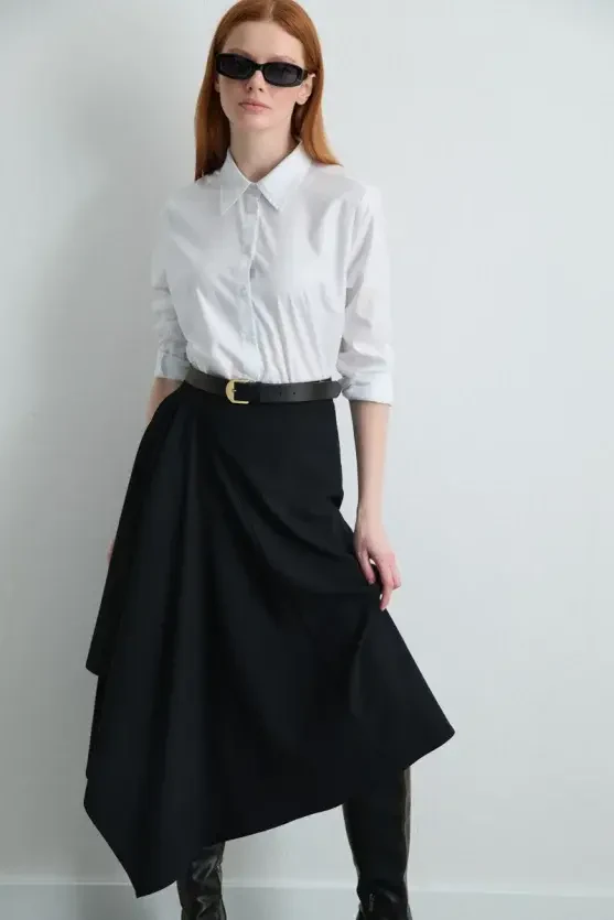Asymmetrical Cut Wool Skirt - Navy Blue - Gusto