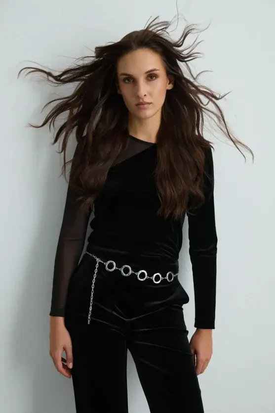 Asymmetrical Tulle-Collared Velvet Blouse - Black - 1