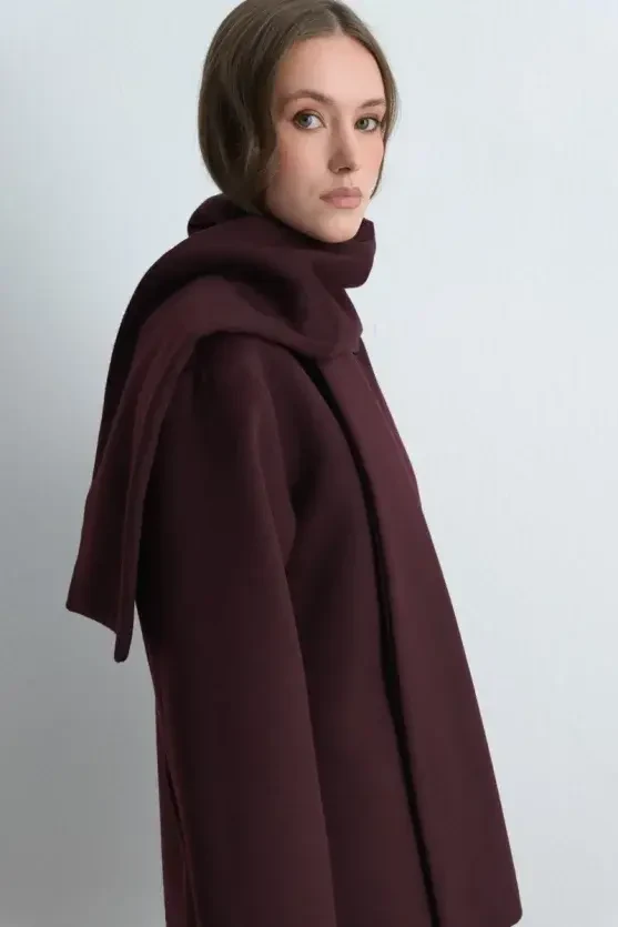 Atkılı Yünlü Kaşe Kaban - Bordo - 8