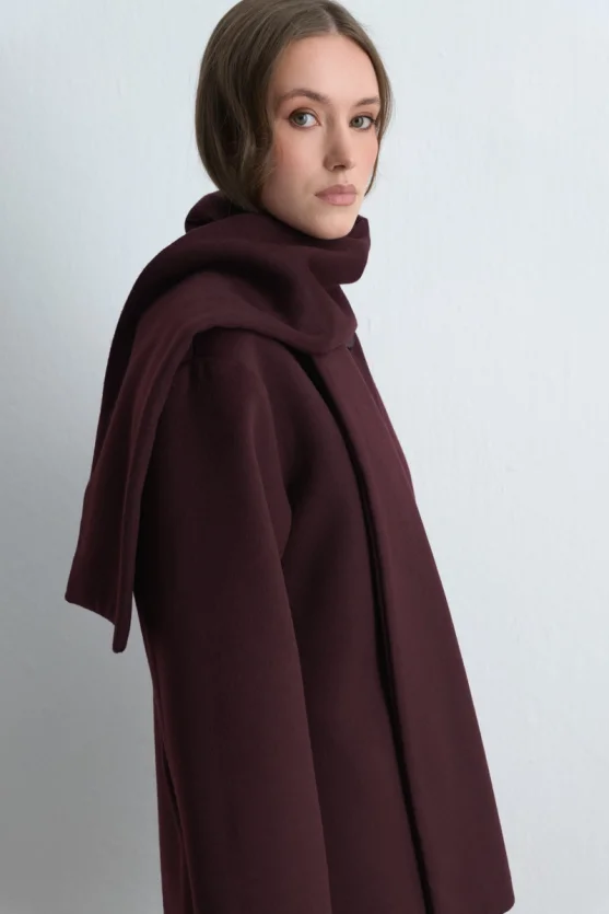 Atkılı Yünlü Kaşe Kaban - Bordo - 8