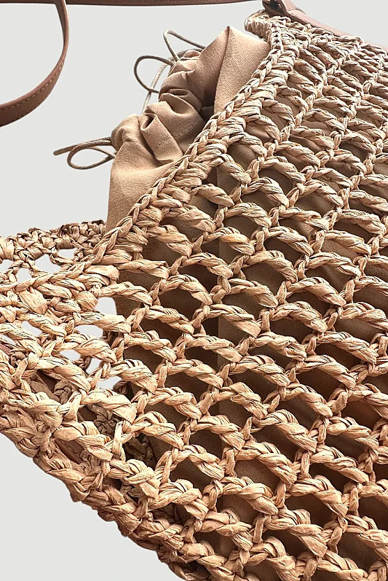 Ayarlanabilir Askılı Büyük Hasır Çanta - Bej - 2