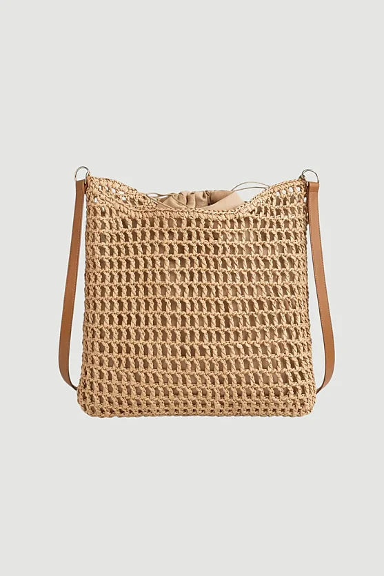 Ayarlanabilir Askılı Büyük Hasır Çanta - Bej - Gusto