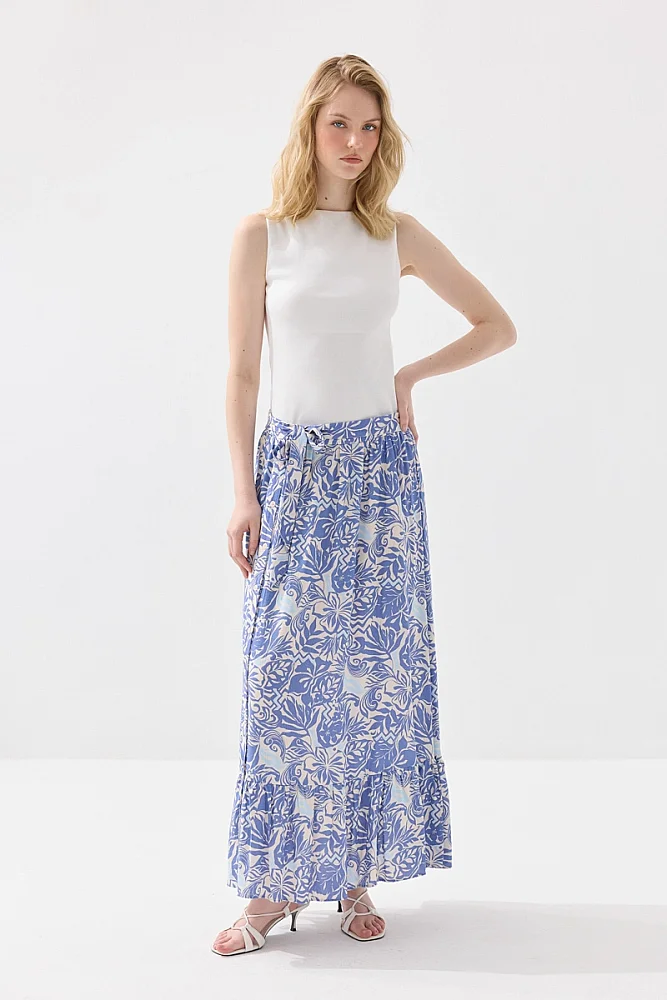 Bağcık Kemerli Desenli Uzun Viskon Etek - Mavi Mavi