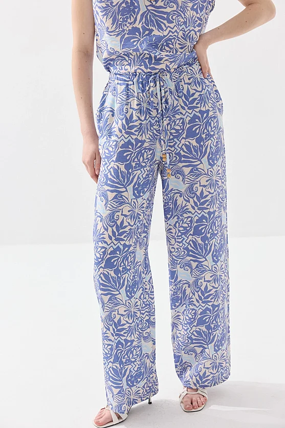 Bağcıklı Bol Paça Pantolon - Mavi - Gusto