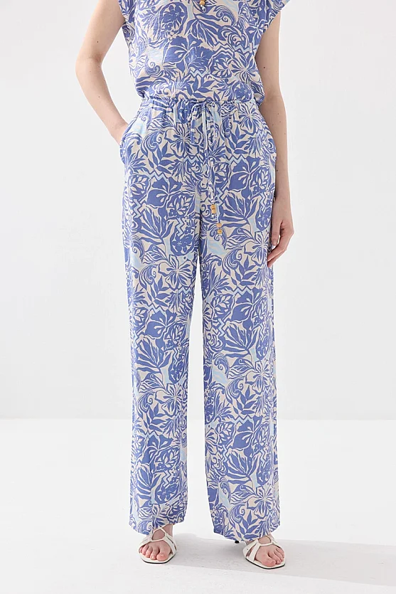 Bağcıklı Bol Paça Pantolon - Mavi - Gusto