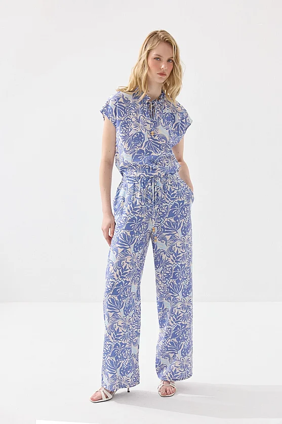 Bağcıklı Bol Paça Pantolon - Mavi - Gusto