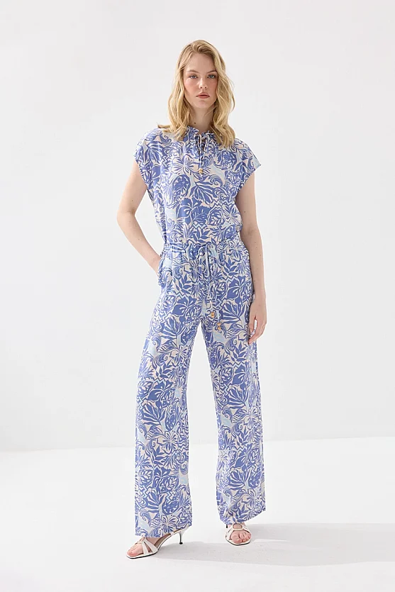 Bağcıklı Bol Paça Pantolon - Mavi - Gusto