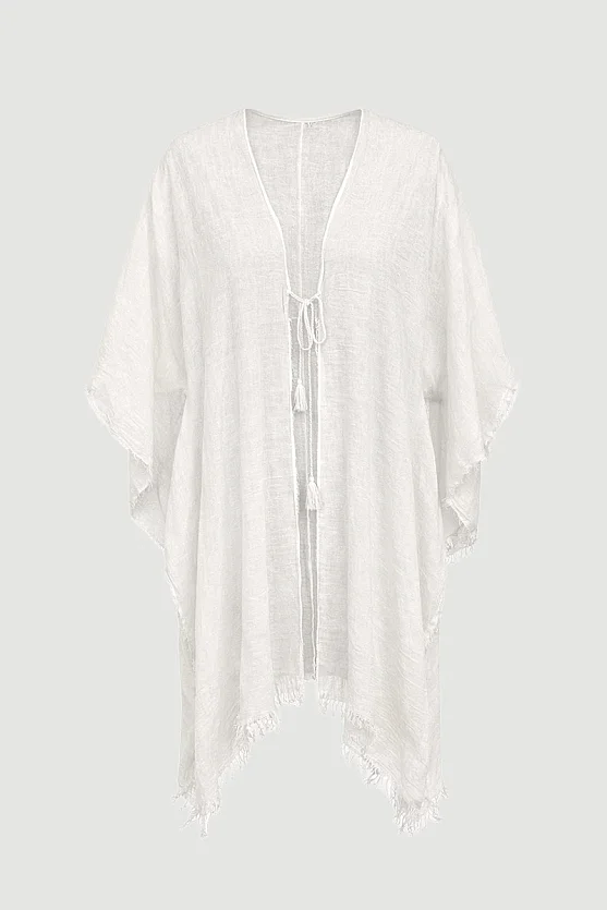 Bağcıklı Uzun Kimono - Beyaz - Gusto