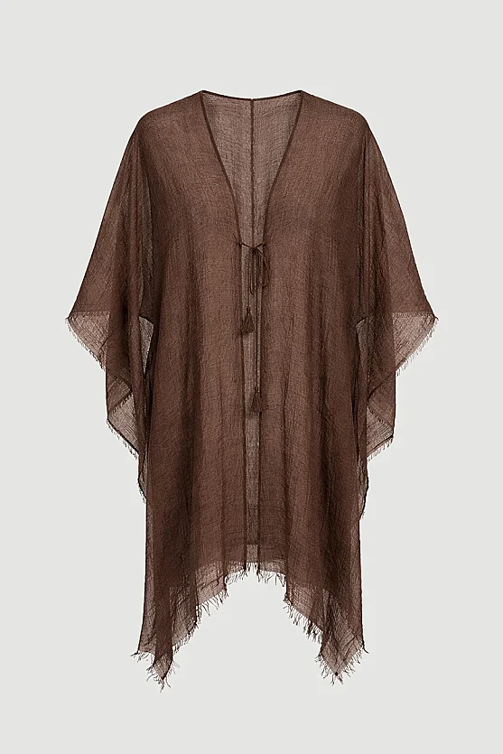Bağcıklı Uzun Kimono - Kahverengi - 8