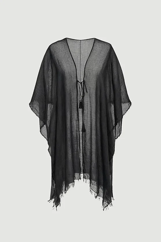 Bağcıklı Uzun Kimono - Siyah - 1