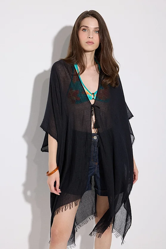 Bağcıklı Uzun Kimono - Siyah - Gusto