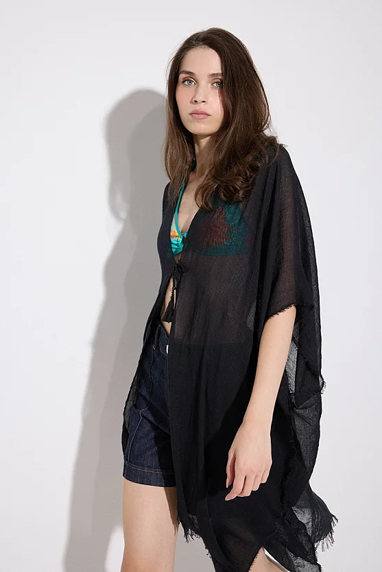 Bağcıklı Uzun Kimono - Siyah - Gusto