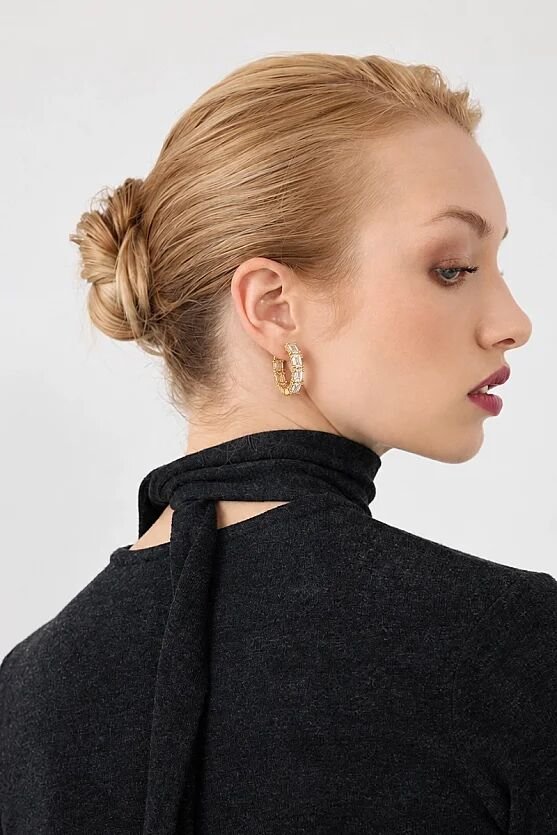 Baget Taşlı Halka Küpe - Gold - Gusto